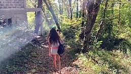 Skinny brunette girl gets picked up and fucked by four guys in an abandoned house