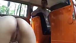 Two slutty girls anally gangbanged in bus