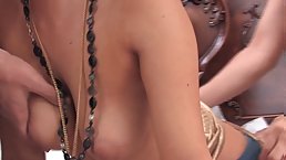 Busty Japanese girl gets her pussy fingered and fucked by two guys