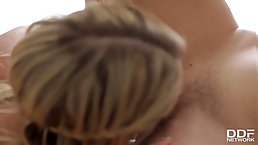Horny blondes Jessi Gold and Luna enjoy lesbian sex on massage table