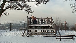 Young blonde in stockings gets fucked in cold winter outdoors