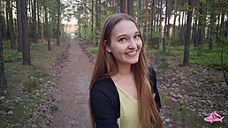 Young brunette babe sucks dick in the forest (POV)