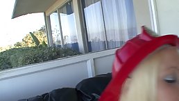 Slutty blonde teen in fire fighter's uniform is enjoying big dick