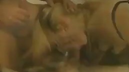 Blonde MILF in black stockings gangbanged hard with DP
