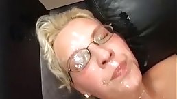 Small tits blonde babe gangbanged with cum on her boobs