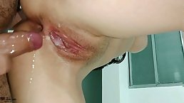 Amateur busty brunette MILF gets her pussy full of jizz