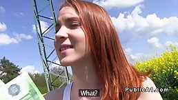 Pretty redhead girl gets her pussy fucked outdoor