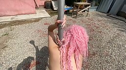 Pink-haired babe gets fucked outdoor with cum in her mouth