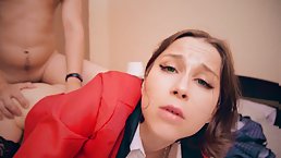 Young brunette with nice tits gets fucked with cum on her face