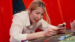 Blonde Chinese dealer girl gets fucked during work in casino