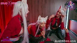 Three Ahegao-faced girls fucks one big cock