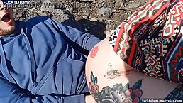 Amateur redhead MILF with big round ass sucks and rides dick outdoor