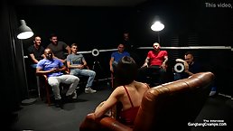 Skinny brunette MILF with big tits gangbanged by five strangers