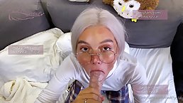 Tanned blonde Owl Crystal sucks big cock and gets cum blast on her glasses