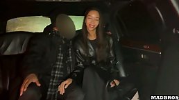Beautiful ebone babe gets fucked by BBC in the Limo