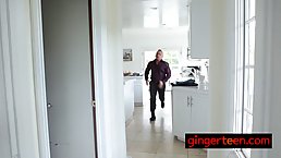 Redhead girl works with her hairy pussy to pay for online videogames