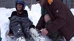 Big tits brunette MILF Ora taking a fat phallus in snow