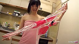 Petite Japanese escort teen give rimjob before creampie fuck for old client