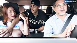 Busty redhead Latina MILF Khloe Montana bounces her big booty on a back seat of a car
