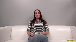 Amateur brunette with small tits Lucka plays solo on casting couch