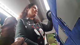 Amateur busty brunette MILF sucks and jerks dick in the bus