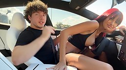 Tattooed Italian girl with nice tits Mimi Malibu fucks thick cock in autopilot Tesla