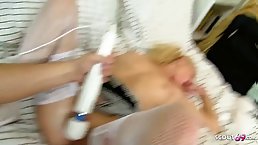Horny blonde babe in white stockings gets her pussy pumped and stimulated