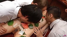 Business meeting in Japan starts with Sushi from naked teen