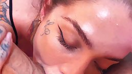 Amateur tattooed brunette girl Maru Karv sucks dick and gets oral creampie