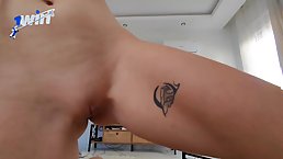 Sexy tattooed brunette MILF sucks and rides her stepson's dick POV