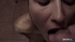 Skinny blonde babe gets banged by three guys