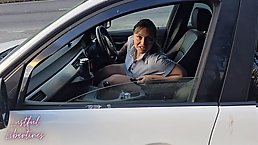 Big tits brunette MILF sucks dick and swallows cum in the car (POV)