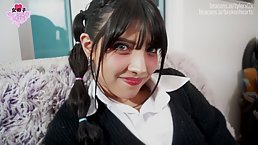Young brunette girl in stockings gets fucked with cum on her pretty face
