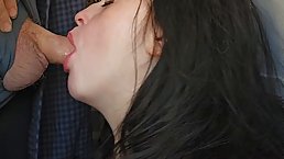 Amateur busty brunette MILF sucks dick and gets cum in her mouth