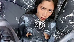 Petite Asian Spider Girl can't hold her horny side