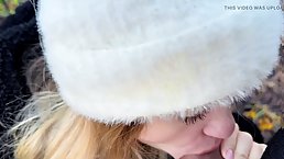 Young blonde babe sucks dick outdoor