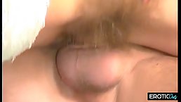 Skinny mature in stockings gets her hairy cunt pounded by young cock