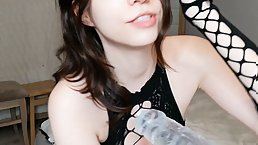 Young brunette girl masturbates with dildo and gives JOI