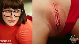 Busty brunette cosplay MILF Velma plays with her toys