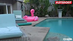 Naughty sluts Kiara Cole and Bailey Brooke ride a big dick near the pool