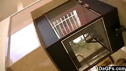 Tiny tits brunette teen fucking while parents are away