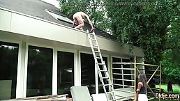 Young brunette girl gets fucked outdoor by old grandpa