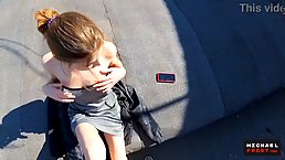Sexy redhead teen gets fucked on the roof with cum in her red panties