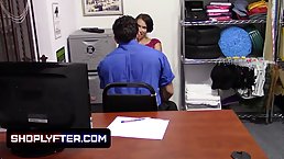 Naughty brunette slut Natalie Porkman caught hiding store goods inside her bra