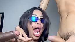 Busty tattooed ebony girl Olha Isso gets fucked by two guys