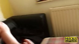 Busty brunette MILF in fishnet stockings gets fucked in the ass