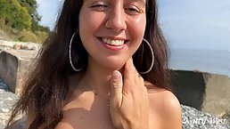 Young brunette girl in short skirt Katty West gets fucked POV on the sea side