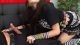 Busty brunette rock teen Tatiana sucks on a hard dick and gets facial