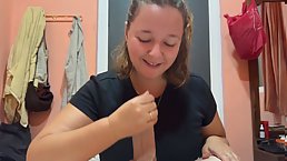 Brunette girl talks dirty to you while she sucks and jerks off your cock