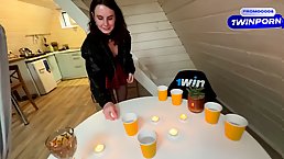 Strip beer pong challenge with round ass brunette girl (POV)